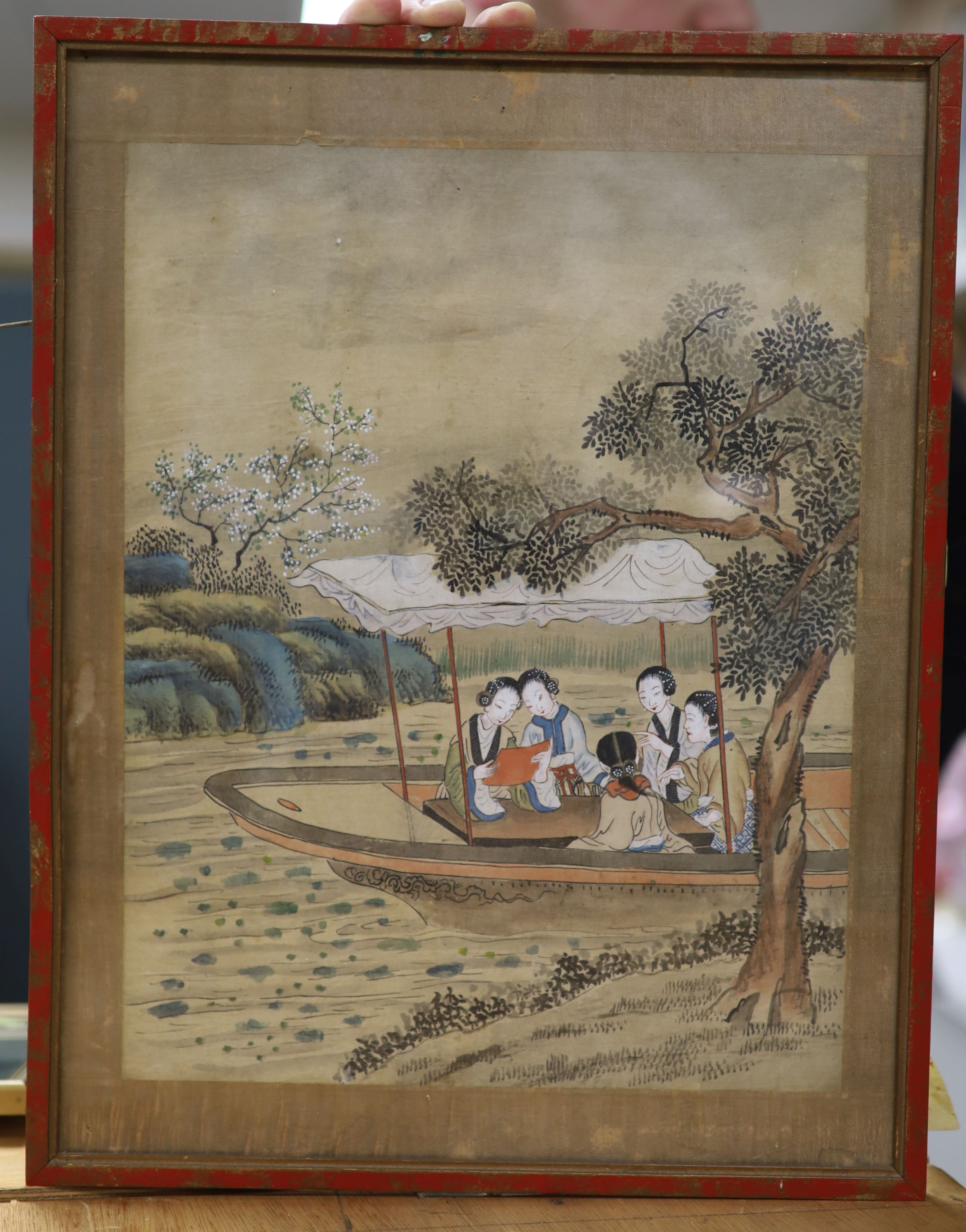 Chinese School, watercolour on silk, women in a boat, 34 x 26cm.